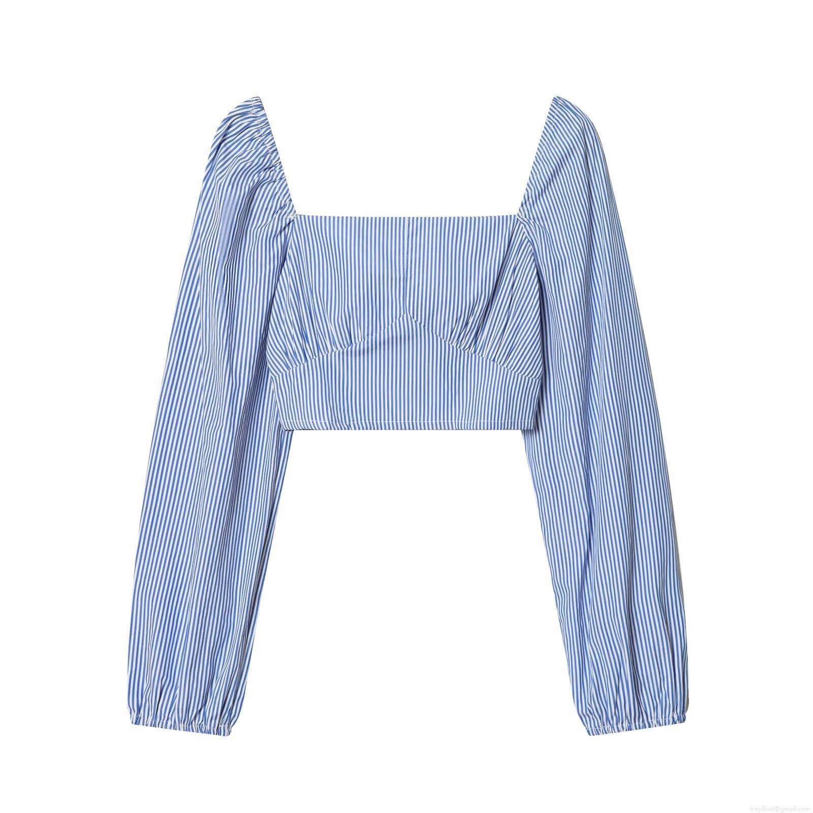French Style Women's Blue White Striped Crop Top Long Puff Sleeve Square Neck Smocked Elastic Cuff Fashionable Casual Summer Vacation Polyester Blouse French Style Women's Blue White Striped Crop Top Long Puff Sleeve Square Neck Smocked Elastic Cuff Fashionable Casual Summer Vacation Polyester Blouse