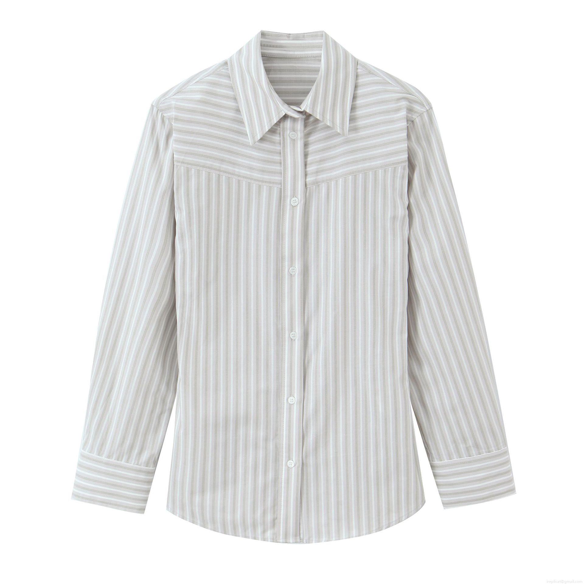 Women Fashion Striped Padded Shoulder Poplin Shirt Casual Long Sleeve Button Down Blouse Top Women Work Office Clothing