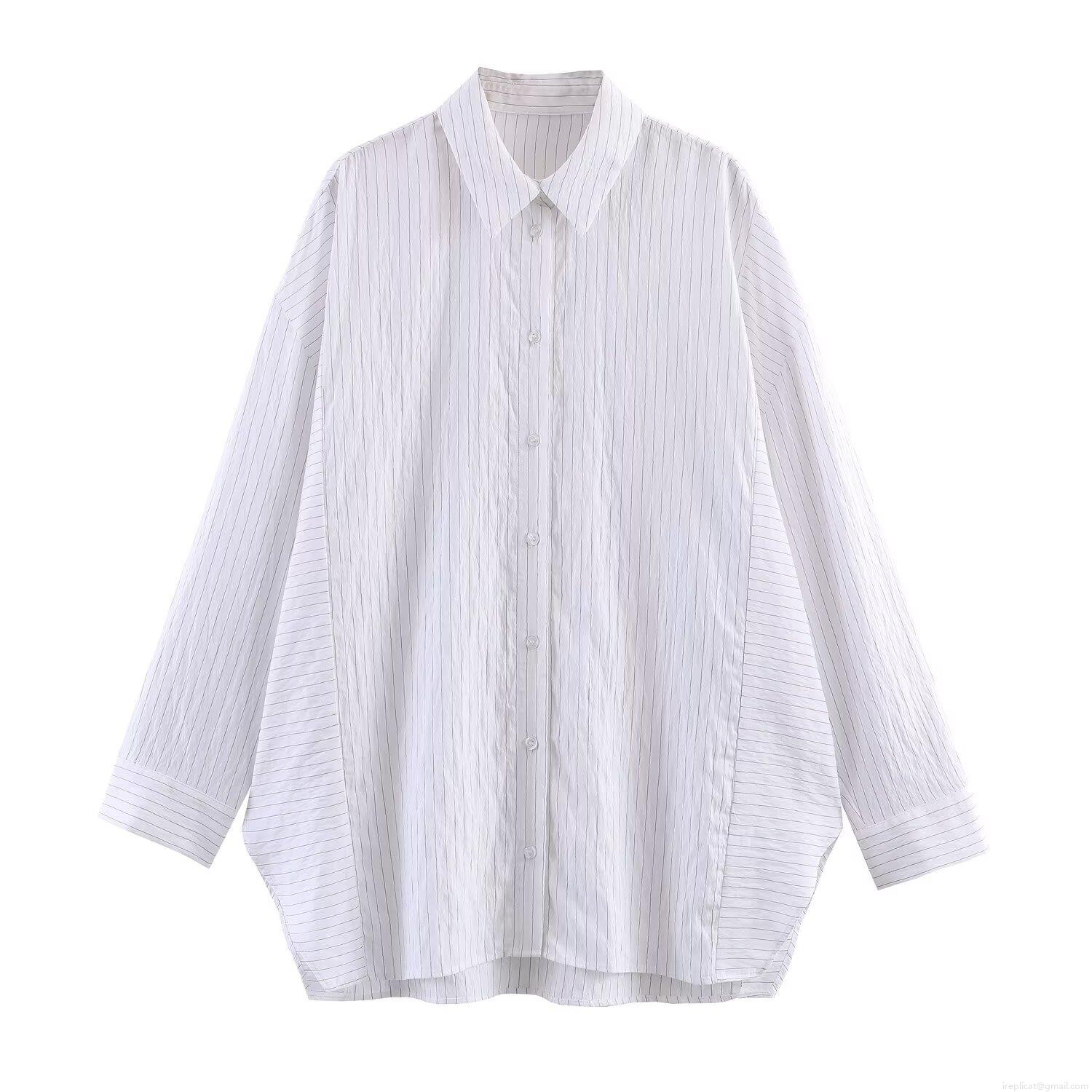 Women's Oversized Striped Shirt Polyester Long Sleeve Button Down Blouse Casual Loose Fit Lapel Collar Top for Ladies Spring Office Daily Wear