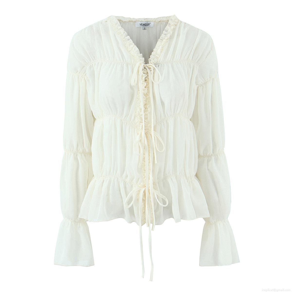 Women's Elegant Chiffon Blouse Ruffle Pleated Tie Front Long Sleeve Polyester Shirt Sweet Casual Solid Color Tops For Ladies