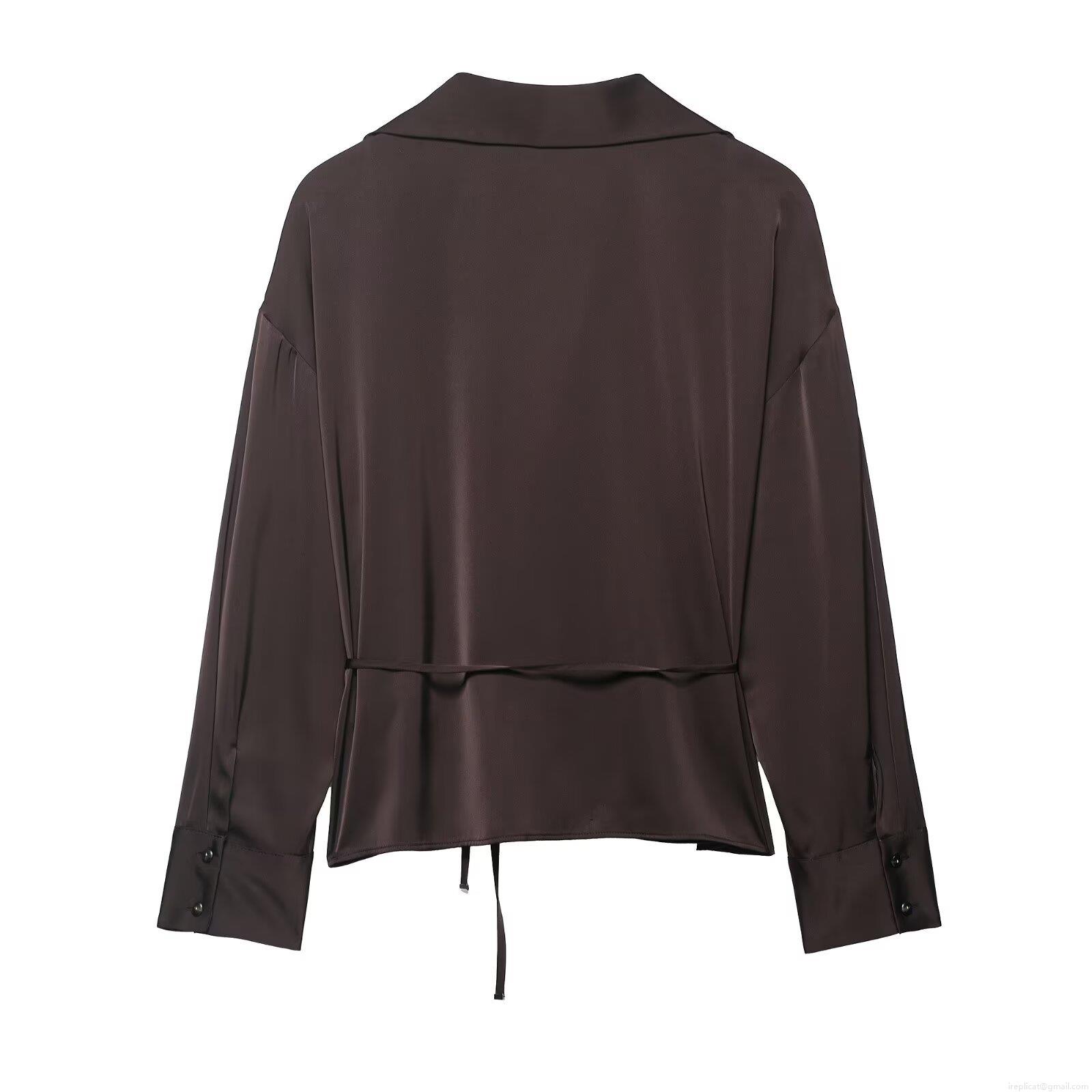 Women's Elegant Satin Texture Long Sleeve Shirt With Waist Belt Solid Color V-Neck Drawstring Blouse For Office Daily Party Autumn Fashion Tops