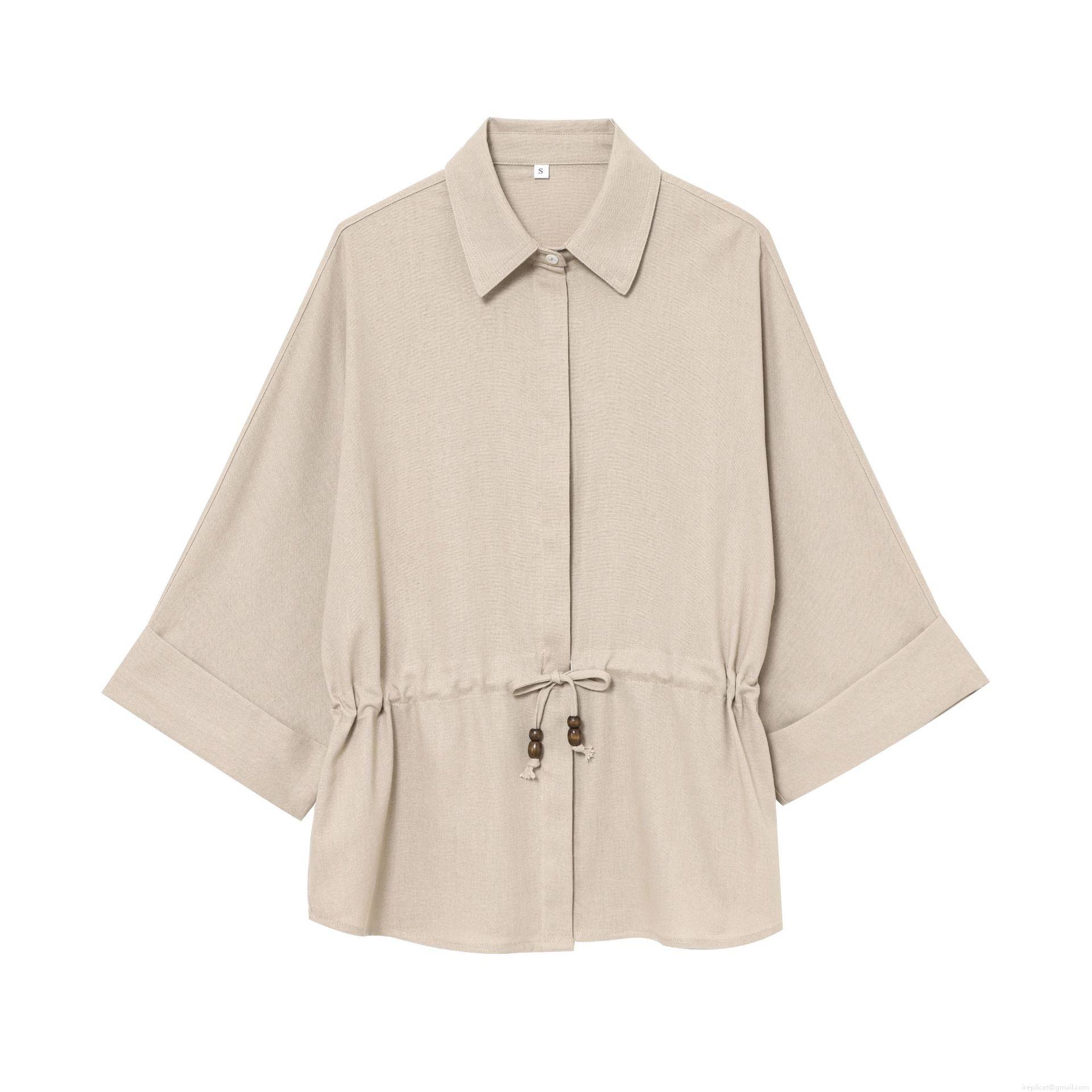 Women's Casual Cotton Linen Blend Shirt Long Sleeve Drawstring Waist Blouse With Wood Beads Solid Color Relaxed Fit Top For Daily Travel