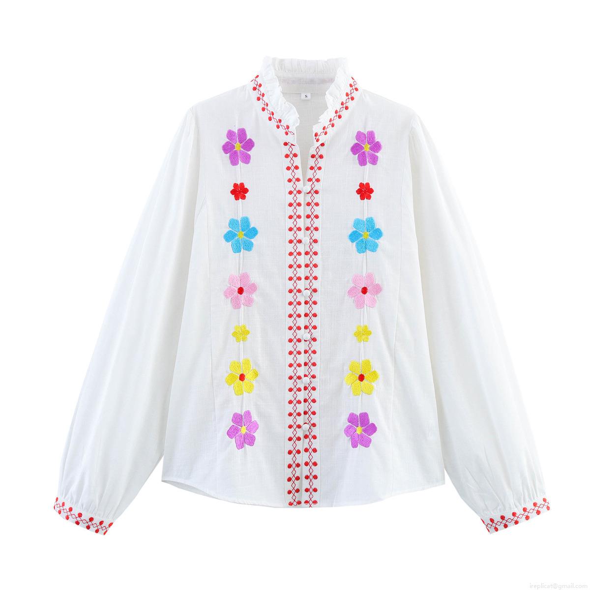 Elegant Long Sleeve Stand Collar Ruffle White Blouse With Colorful Floral Embroidery Polyester Ethnic Style Casual Fashion Button Down Tops For Women Elegant Long Sleeve Stand Collar Ruffle White Blouse With Colorful Floral Embroidery Polyester Ethnic Style Casual Fashion Button Down Tops For Women