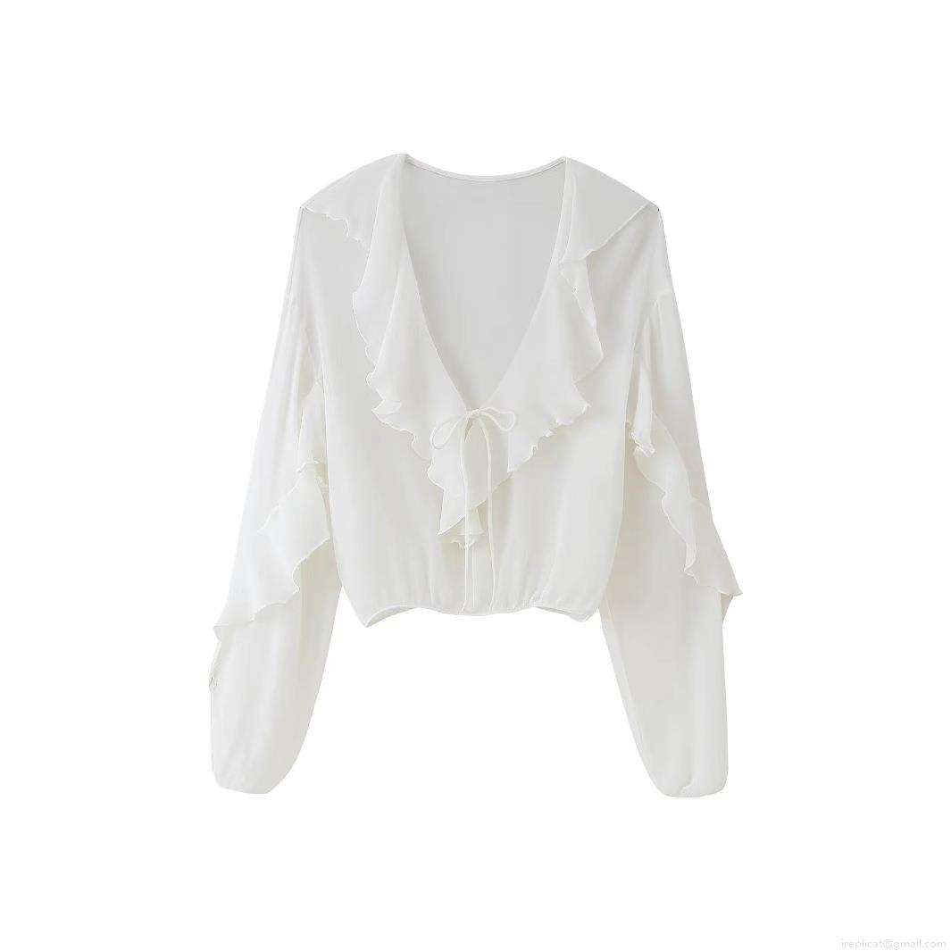 Elegant Women Ruffle V Neck Blouse Chiffon Long Sleeve Tie Front Layered Solid Color Casual Daily Party Fashion Tops Elegant Women Ruffle V Neck Blouse Chiffon Long Sleeve Tie Front Layered Solid Color Casual Daily Party Fashion Tops