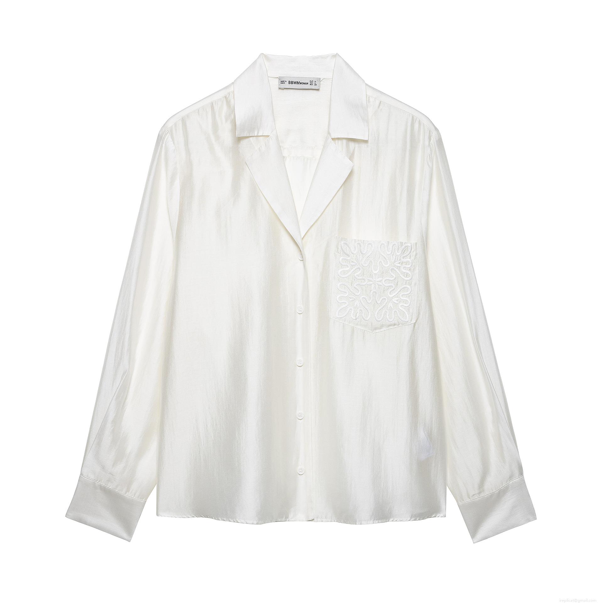 French Elegant Acetate Satin Long Sleeve Shirt For Women With Pocket Embroidery Loose Pearl White Blouse Top Office Commute French Elegant Acetate Satin Long Sleeve Shirt For Women With Pocket Embroidery Loose Pearl White Blouse Top Office Commute
