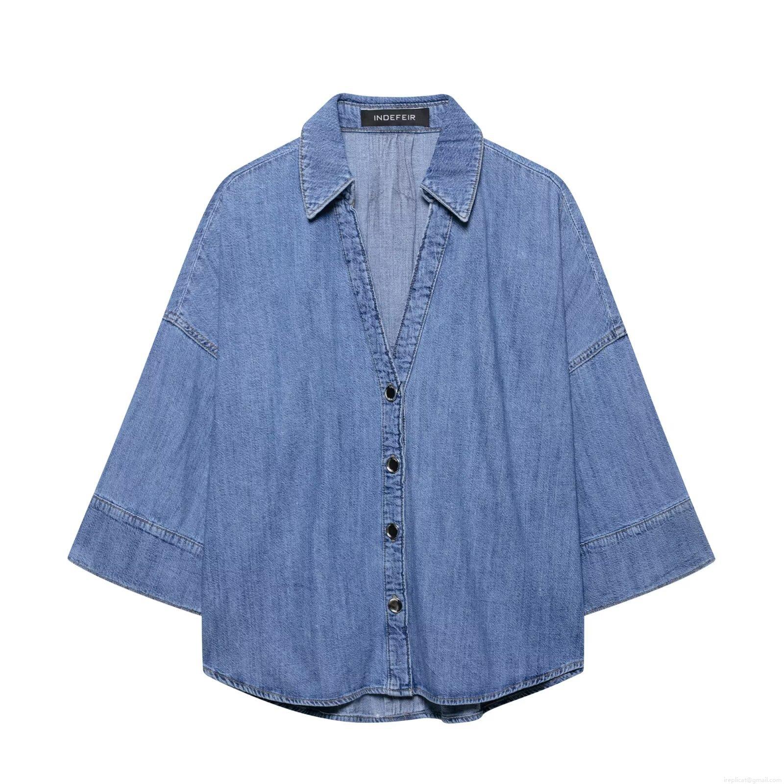 Women's Casual Denim Shirt Three-Quarter Sleeve Lapel Single Breasted Jean Blouse Solid Color Cotton Top for Daily Spring Summer Fashion