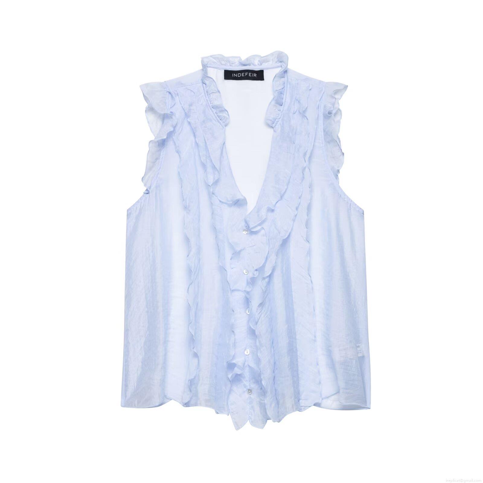 Women's Elegant Light Blue V Neck Sleeveless Ruffle Blouse Top Layered Button Up Polyester Solid Color Summer Slim Fit Shirt For Women Socialite Style