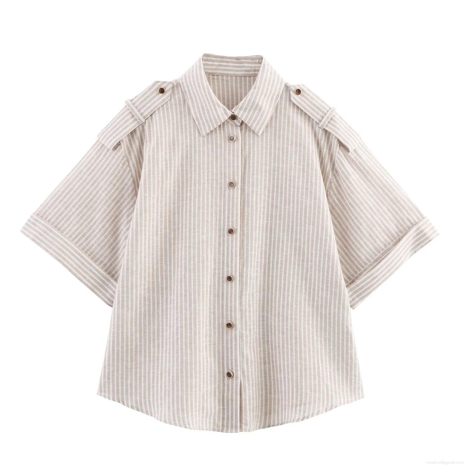 Women Casual Linen Vertical Striped Shirt With Metallic Thread Detail Short Sleeve Button Down Blouse Top With Shoulder Tabs Office Daily Wear Women Casual Linen Vertical Striped Shirt With Metallic Thread Detail Short Sleeve Button Down Blouse Top With Shoulder Tabs Office Daily Wear
