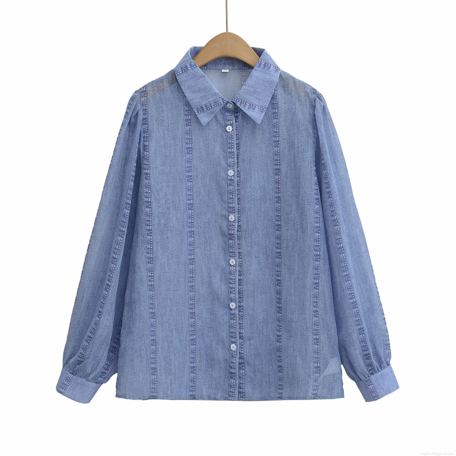 Elegant Denim Print Long Sleeve Shirt Women Lapel Single Breasted Polyester Blouse Casual Commute Office Fashion Spring Tops Elegant Denim Print Long Sleeve Shirt Women Lapel Single Breasted Polyester Blouse Casual Commute Office Fashion Spring Tops