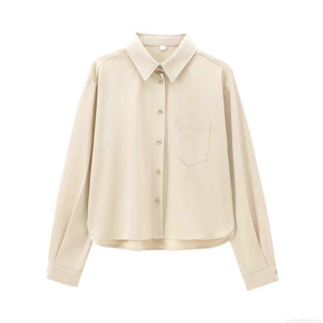 Women's Long Sleeve Button Down Polyester Twill Shirt Elegant Solid Color Lapel Collar Blouse With Pocket Casual Office Work Tops