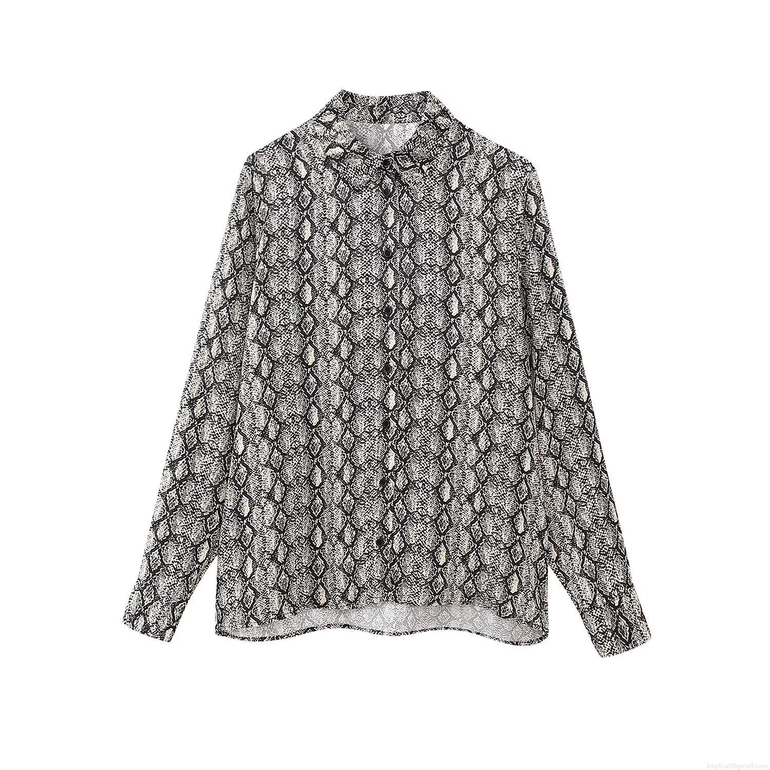 Elegant Snake Print Long Sleeve Shirt For Women 100% Polyester Button Down Lapel Blouse Casual Office Party Tops Elegant Snake Print Long Sleeve Shirt For Women 100% Polyester Button Down Lapel Blouse Casual Office Party Tops