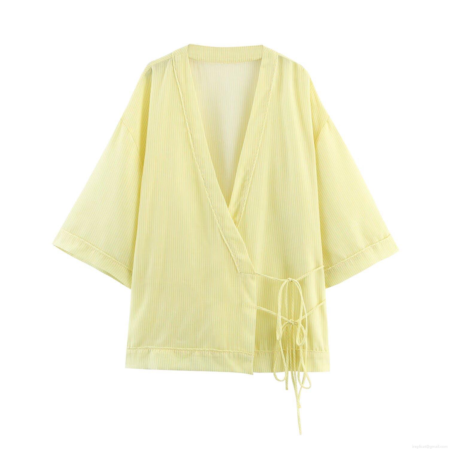 Women's Striped Kimono Style Blouse Tie Front V Neck 3/4 Sleeve Polyester Casual Summer Tops Lightweight Cardigan Shirt for Women
