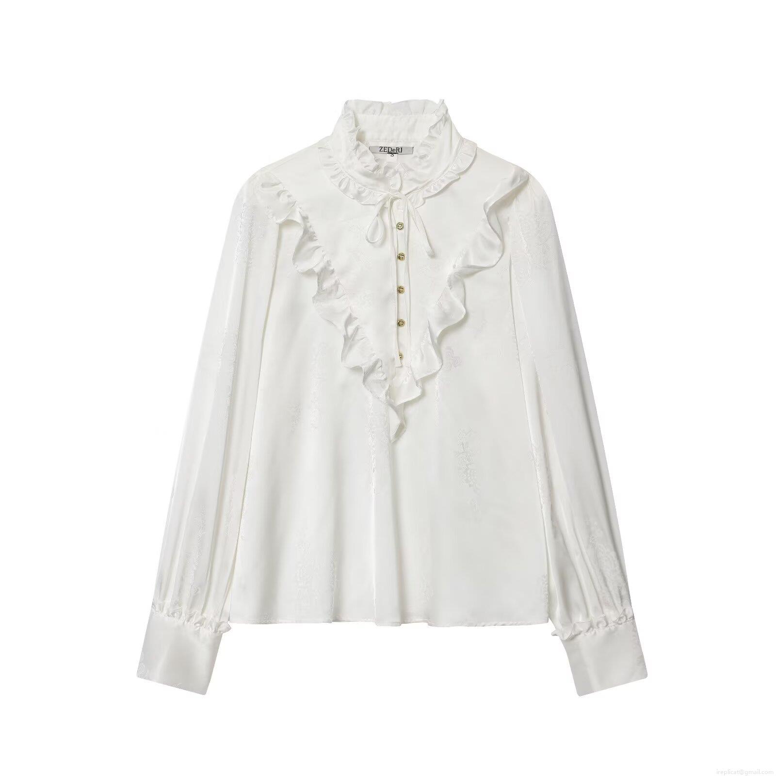 Elegant White Satin Jacquard Women Blouse With Ruffle Stand Collar Gold Buttons Long Sleeve Polyester Shirt Vintage Socialite Tops For Party Daily Elegant White Satin Jacquard Women Blouse With Ruffle Stand Collar Gold Buttons Long Sleeve Polyester Shirt Vintage Socialite Tops For Party Daily