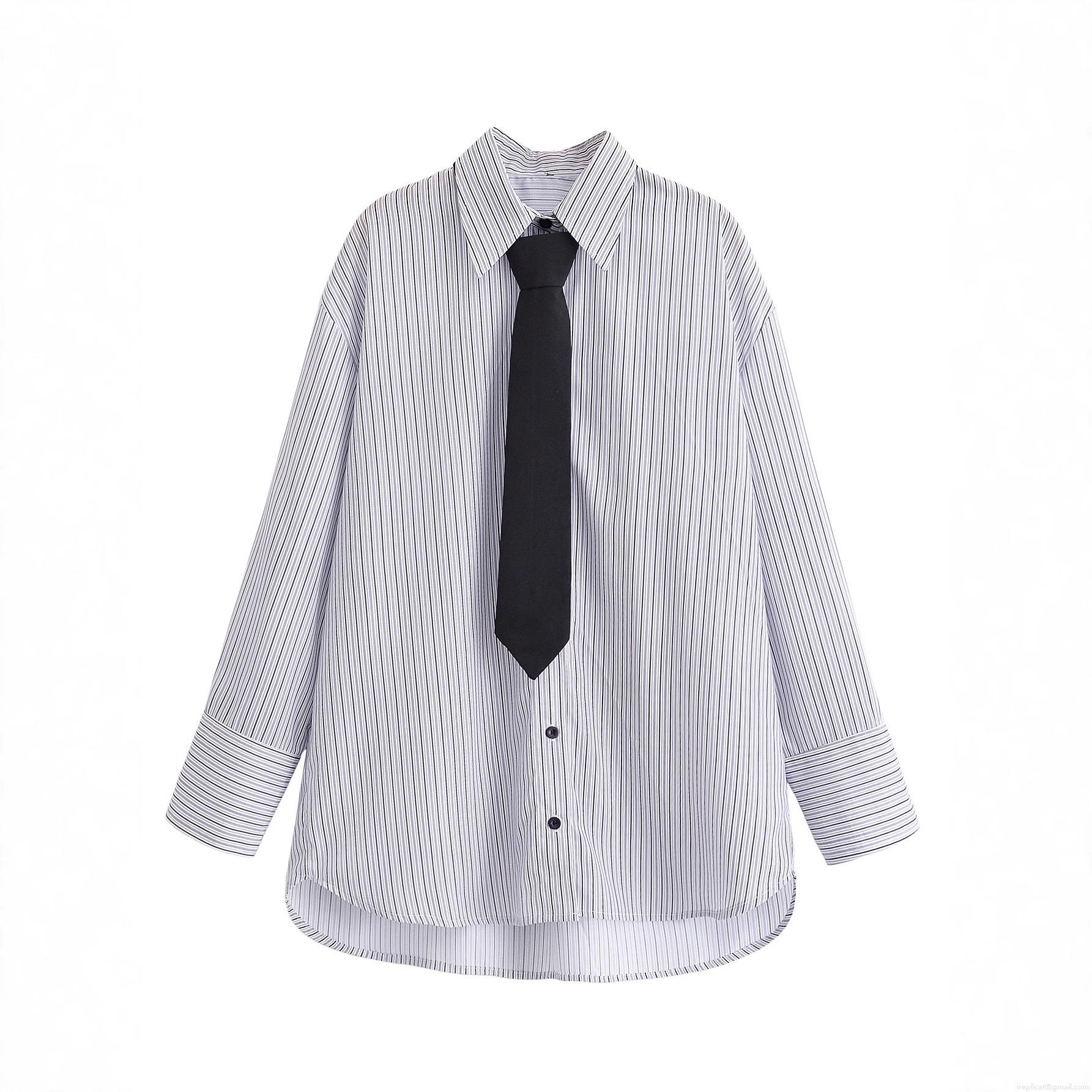 Women's Fashion Striped Long Sleeve Shirt With Black Tie Set Elegant Blue White Striped Blouse Office Lady Casual Button Down Top For Autumn Spring
