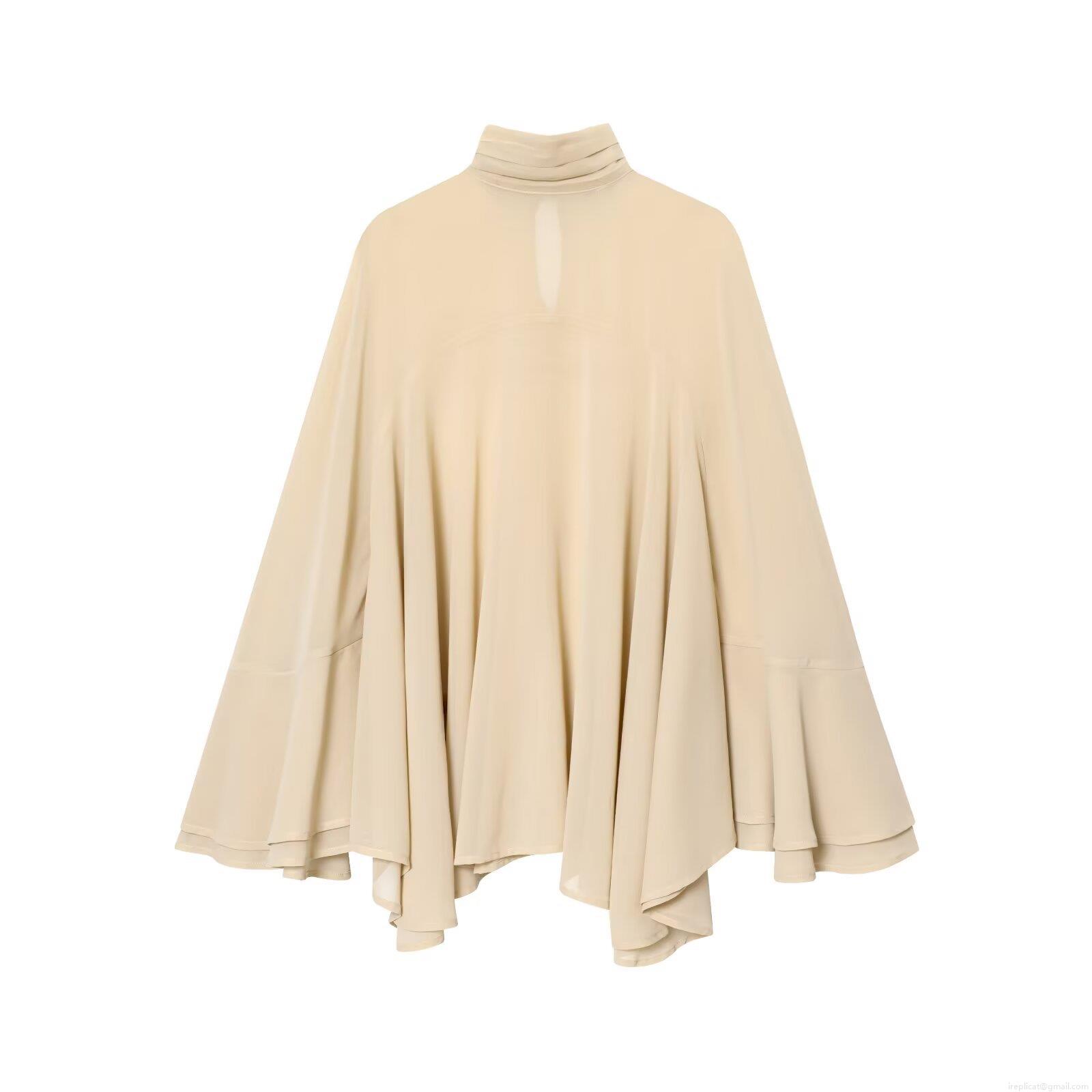 Elegant Women High Neck Pearl Chiffon Blouse Cape Style Tiered Ruffle Long Flared Sleeve Top For Party Office Solid Color Loose Fit Blouse Elegant Women High Neck Pearl Chiffon Blouse Cape Style Tiered Ruffle Long Flared Sleeve Top For Party Office Solid Color Loose Fit Blouse