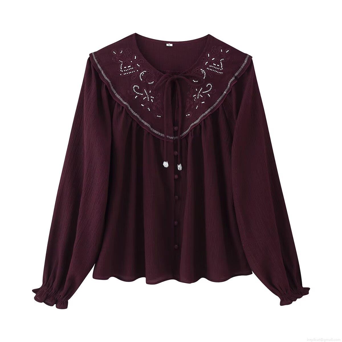 Women's Retro Maroon Long Sleeve Blouse With Exaggerated Collar Embroidery Beaded Ruffle Cuff Loose Bohemian Chiffon Shirt For Daily Vacation