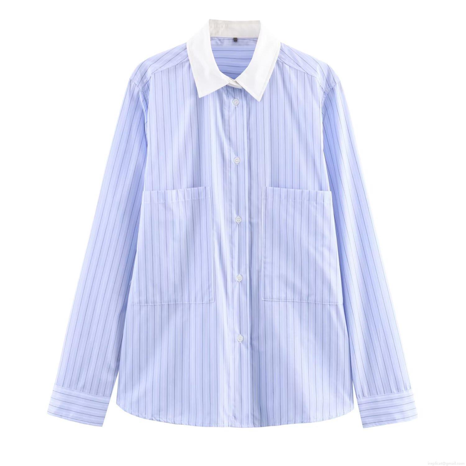 Classic Striped Contrast Collar Shirt Women Poplin Long Sleeve Button Down Blouse With Double Pockets For Daily Casual Work Office Elegant Top Classic Striped Contrast Collar Shirt Women Poplin Long Sleeve Button Down Blouse With Double Pockets For Daily Casual Work Office Elegant Top