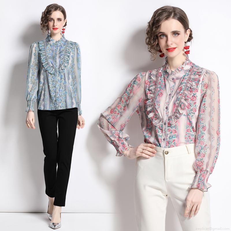 Elegant Women Floral Print Blouse Shirt Vintage Ruffle Stand Collar Long Sleeve Single Breasted Polyester Chiffon Texture Tops For Women Work Party Elegant Women Floral Print Blouse Shirt Vintage Ruffle Stand Collar Long Sleeve Single Breasted Polyester Chiffon Texture Tops For Women Work Party