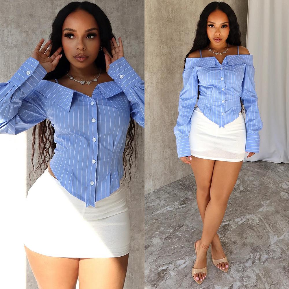 Sexy Off Shoulder Vertical Striped Shirt Women Button Front Long Sleeve Slim Fit Cotton Blouse Asymmetric Hem Streetwear Clubwear Top